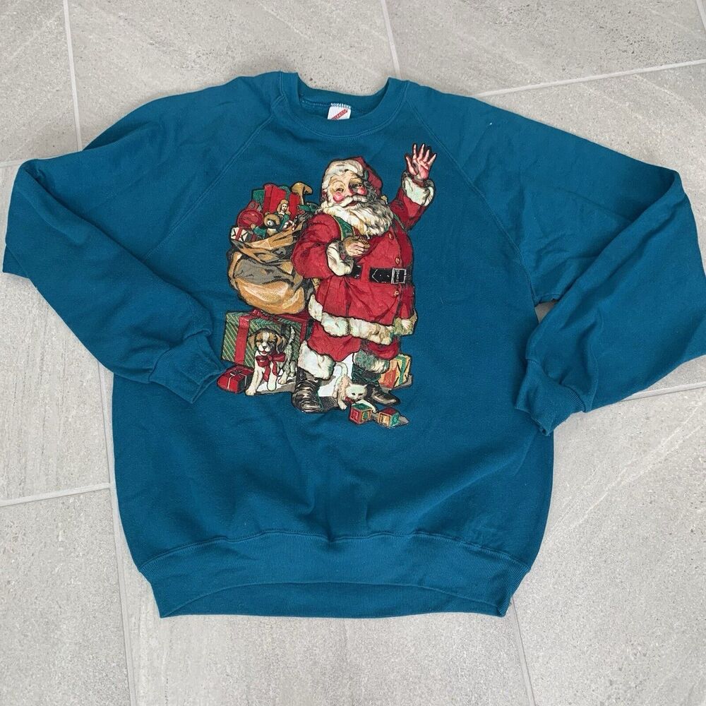 Vintage Teal Green Santa Clause Christmas Sweater XL